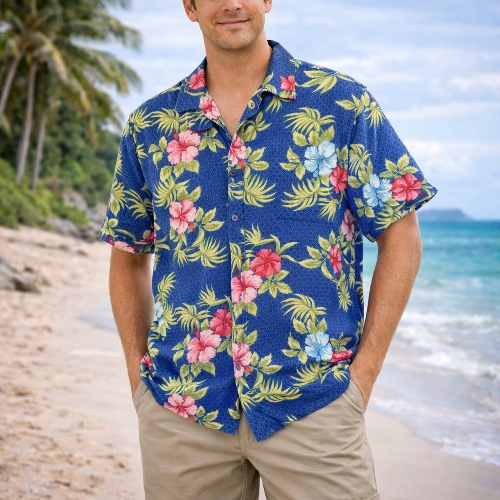 Cubavera Hawaiian Shirt Mens M Blue Floral Aloha Button Up‎ Tropical Rayon Beach